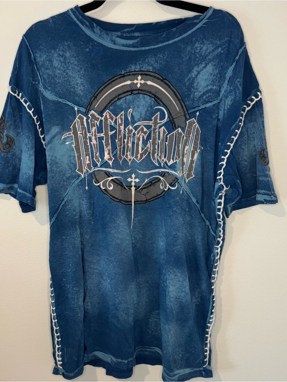 Affliction Blue Acid Wash Graphic Tee Men’s 2XL Y2K Gothic Biker MMA Style